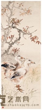 赵少昂 1937年作 红叶双鸭 立轴 132×53.2cm